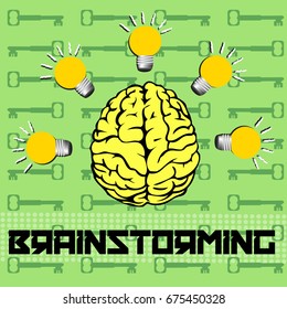 Abstract colorful background with a yellow brain surrounded by light bulbs. Brainstorming concept