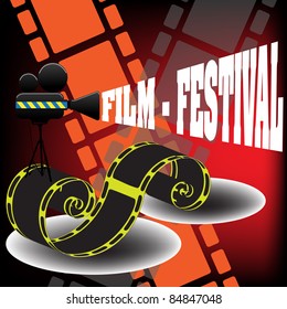 Abstract colorful background with yellow filmstrip, movie projector and the text film festival coming out from the projector. Film festival concept