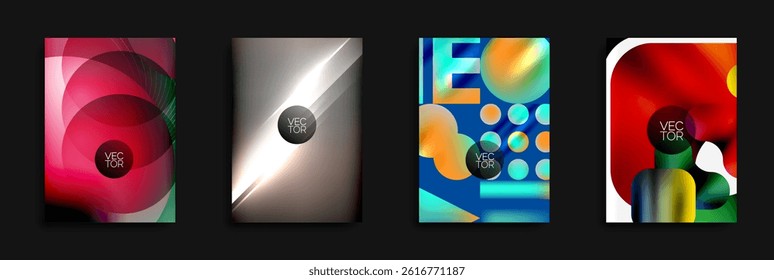 Abstract colorful backgrounds. Geometric shapes overlap creating vibrant visual effects. Modern design elements present smooth gradients.