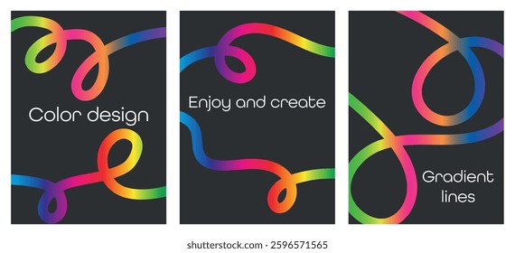 Abstract colorful backgrounds with gradient lines. Vector rainbow ribbon swirls. Wave graphic elements. Geometric patterns with wavy spirals. Black poster designs with neon gradients. Vector