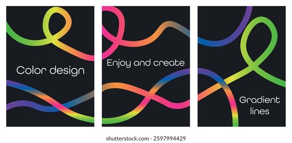 Abstract colorful backgrounds with gradient lines. Vector rainbow ribbon swirls. Wave graphic elements. Geometric patterns with wavy spirals. Black poster designs with neon gradients. Vector