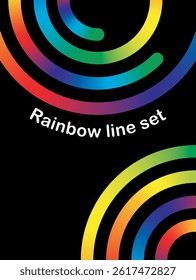Abstract colorful backgrounds with gradient lines. Vector rainbow ribbon swirls. Wave graphic elements. Geometric patterns with wavy spirals. Black poster designs with neon gradients