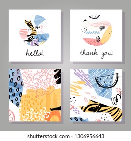 Abstract colorful backgrounds set. Hand drawn collage templates for card, flyer and invitation design. Vector illustration. Hello and than you lettering. 