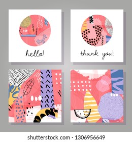 Abstract colorful backgrounds set. Hand drawn collage templates for card, flyer and invitation design. Vector illustration. Hello and than you lettering. 