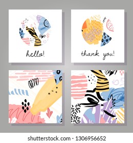 Abstract colorful backgrounds set. Hand drawn collage templates for card, flyer and invitation design. Vector illustration. Hello and than you lettering. 