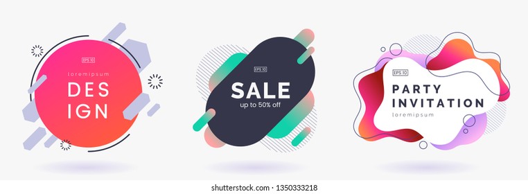 Abstract colorful badges set isolated on white background. Abstract dynamic geometric banners. Modern backdrop with place for text. Applicable for advertising, invitation, price tags. Vector eps 10.