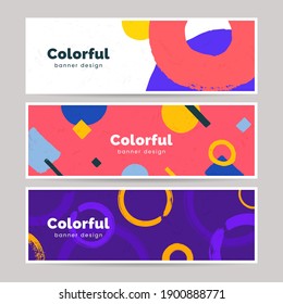 Abstract colorful banner set in hand painted style. Horizontal header with geometric shapes, brush strokes. Art background collection. Ideal for flyer, web design, coupon, invitation. Vector eps 10.