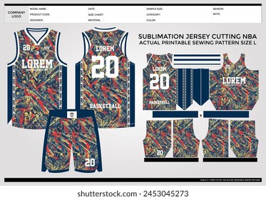 abstract colorful Basketball jersey template with technical pack and actual printable sewing pattern