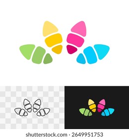 Abstract colorful biological style logo with smooth rounded design elements. Color oval particles around the center symbol. Dinosaur paw print sign