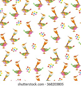 Abstract colorful birds seamless pattern on white background. Pattern can be used for fabric, wallpaper or wrapping paper.