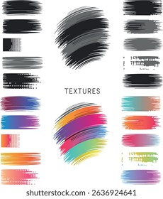 Abstract colorful and black grunge brush stroke textures set with paint smear effects for artistic design, backgrounds, and decoration