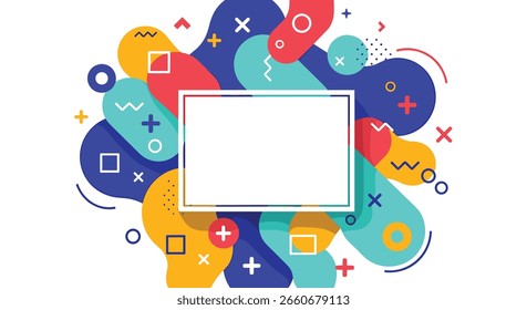 Abstract colorful blob shapes dynamic fluid organic forms background design with white rectangle frame for text