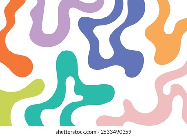 Abstract colorful blobs on a white background forming an organic seamless pattern with a playful, fluid aesthetic.