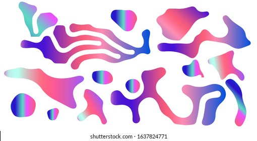 Abstract colorful blobs set in gradient blue, cyan, pink, purple colors. Hatched shapes and dots, flowing liquid, dynamical forms. Vector vaporwave style illustration.