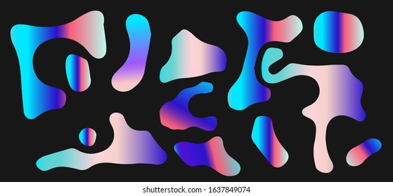 Abstract colorful blobs set in gradient blue, cyan, pink, purple colors. Hatched shapes and dots, flowing liquid, dynamical forms. Vector vaporwave style illustration.