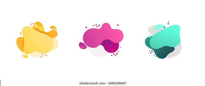 Abstract colorful blobs set. Yellow, cyan, pink, purple hatched shapes, stars and dots. Flowing liquid, layers, dynamical forms. Vector illustration for banner, poster, logo, cover design