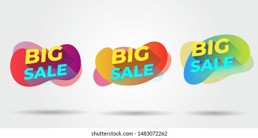 Abstract colorful blobs set. Yellow, cyan, pink, purple hatched shapes,. Flowing liquid, layers, dynamical forms. Vector illustration for banner, poster, logo, cover design, Sale - Vector