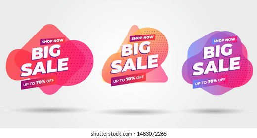 Abstract colorful blobs set. Yellow, cyan, pink, purple hatched shapes,. Flowing liquid, layers, dynamical forms. Vector illustration for banner, poster, logo, cover design, Sale - Vector