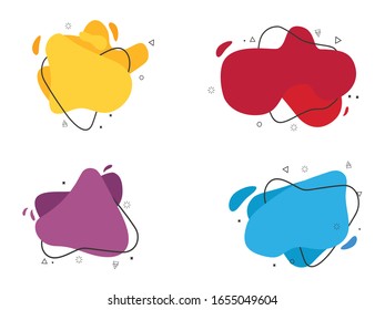 Abstract colorful blobs set. Yellow, cyan, red, purple hatched shapes, stars and dots. Flowing liquid, layers, dynamical forms. Vector illustration for banner, poster, logo, cover design - Powered by Shutterstock - Get 15% off with code: PIKWIZARD15