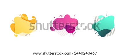 Abstract colorful blobs set. Yellow, cyan, pink, purple hatched shapes, stars and dots. Flowing liquid, layers, dynamical forms. Vector illustration for banner, poster, logo, cover design