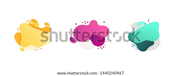 Abstract colorful blobs set. Yellow, cyan, pink,\
purple hatched shapes, stars and dots. Flowing liquid, layers,\
dynamical forms. Vector illustration for banner, poster, logo,\
cover design