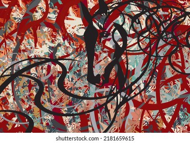 Abstract colorful bloody background with wavy lines and horse head. Floral splashes and wavy weaves of lines for backgrounds or textures, covers, fabrics, textiles, fashion trends, etc. Vintage style