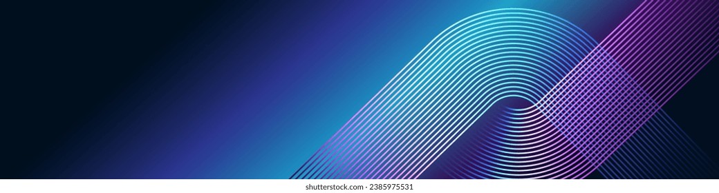 Abstract colorful blue green purple rounded rectangle lines glowing on dark blue background. Futuristic technology concept. Horizontal banner template using for cover, poster, presentation, , website