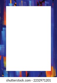 Abstract colorful blue and orange artsy grungy brush stroke background frame with white blank copy space isolated. Template for social media post, poster, banner, brochure, and others.