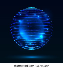 Abstract colorful blue sphere made of points and dots. Shiny dots with glowing effect.