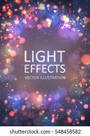 Abstract colorful blurred background. Sparkling light effects, bokeh, shiny and glitter particles. Minimalistic vector template. Clean design.