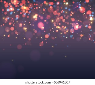 Abstract colorful blurred background. Sparkling light effects, bokeh, shiny and glitter particles. Beautiful minimalistic vector illustration in purple colors. Clean design