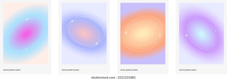 Abstract colorful blurred gradient cover template design set for poster, brochure, home decor, presentation. Cute and minimal style. Posters with geometric shapes and stars. Smooth circular gradient	
