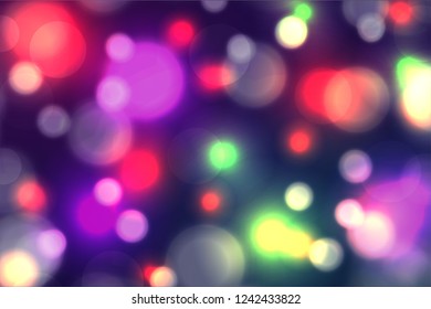 Abstract colorful bokeh background. Violet blurred defocused lights template. Christmas tree lights. Vector illustration