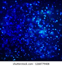 Abstract colorful bokeh and glowing spakling shining particles in random blue color theme background. Lighting effects of flash. Blurred vector background with light glare, EPS10 illustration.