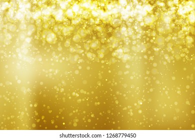 Abstract colorful bokeh and glowing spakling shining particles in random gold color theme background. Lighting effects of flash. Blurred vector background with light glare, EPS10 illustration.