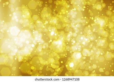 Abstract colorful bokeh and glowing spakling shining particles in random gold color theme background. Lighting effects of flash. Blurred vector background with light glare, EPS10 illustration.