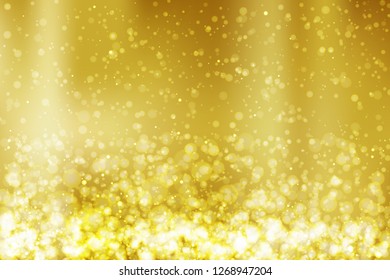 Abstract colorful bokeh and glowing spakling shining particles in random gold color theme background. Lighting effects of flash. Blurred vector background with light glare, EPS10 illustration.