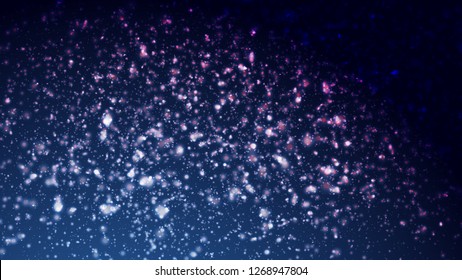 Abstract colorful bokeh and glowing spakling shining particles in random blue color theme background. Lighting effects of flash. Blurred vector background with light glare, EPS10 illustration.