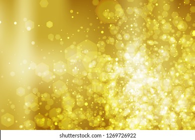 Abstract colorful bokeh and glowing spakling shining particles in random gold color theme background. Lighting effects of flash. Blurred vector background with light glare, EPS10 illustration.