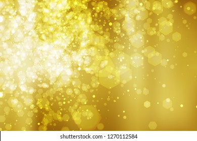 Abstract colorful bokeh and glowing spakling shining particles in random gold color theme background. Lighting effects of flash. Blurred vector background with light glare, EPS10 illustration.