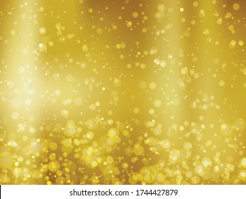 Abstract colorful bokeh and glowing spakling shining particles in random gold color theme background. Lighting effects of flash. Blurred vector background with light glare, EPS10 illustration.