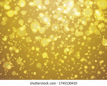 Abstract colorful bokeh and glowing spakling shining particles in random gold color theme background. Lighting effects of flash. Blurred vector background with light glare, EPS10 illustration.