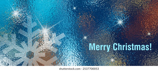 Abstract colorful bokeh vector glass texture with snowflakes and stars for Christmas background. Christmas illustration for flyer, cards, poster, cover. Blurred stained glass window. Street light.