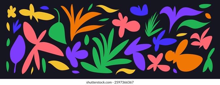 Abstract Colorful Botanical Vector Shapes on Black Background.