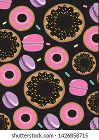 abstract colorful and bright background with sweets donuts and cakes on a black background