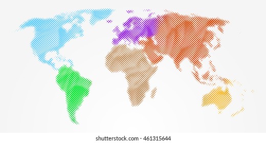 Abstract colorful bright halftone world map. Different continents. Vector, isolated, eps 10.