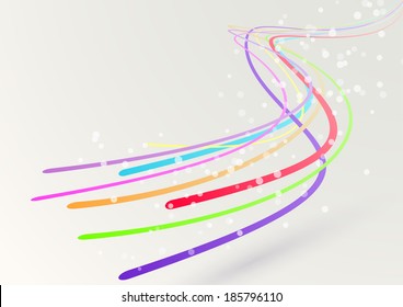 Abstract Colorful Bright Rainbow Spectrum Streaming Swoosh Ribbon Cable Lines - Rapidly Fly And Make Digital Perspective Speed Background Showing Fast Motion Effect. Vector Illustration