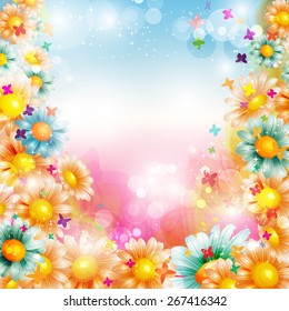 Abstract colorful bright summer or spring floral background with butterflies