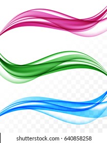 Abstract colorful bright wavy lines collection in elegant dynamic smooth soft style on transparent background. Vector illustration