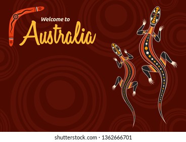 Abstract colorful brochure design template with place for text. Lizards. Aboriginal style. Ethnic style. Australian style. Vector abstract color illustration. 